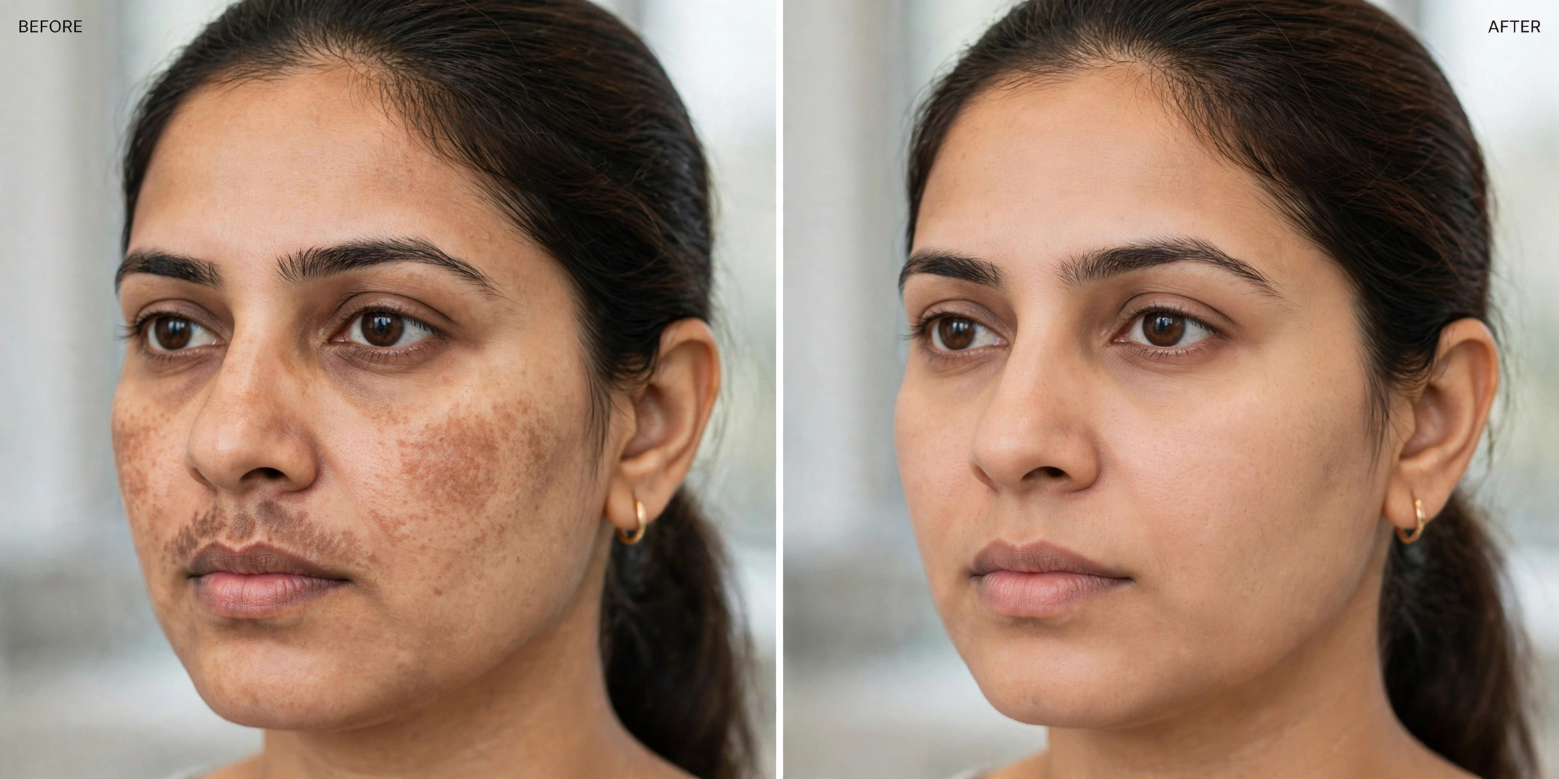 Before and after: melasma patches visibly faded